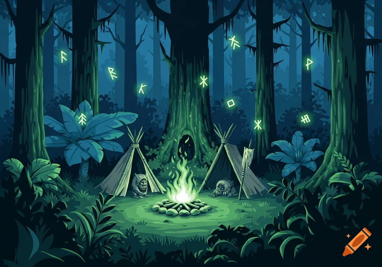 Flat vector illustration of a prehistoric shaman encampment in a dark forest at night, with a green campfire, two teepees, small creatures, and glowing runes.