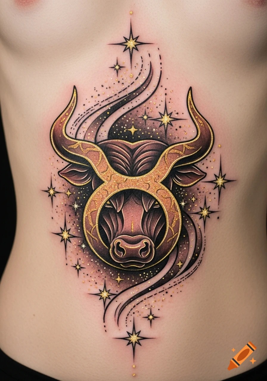 Intricate Taurus zodiac sign tattoo with a bull's head and golden sparkles on a torso.