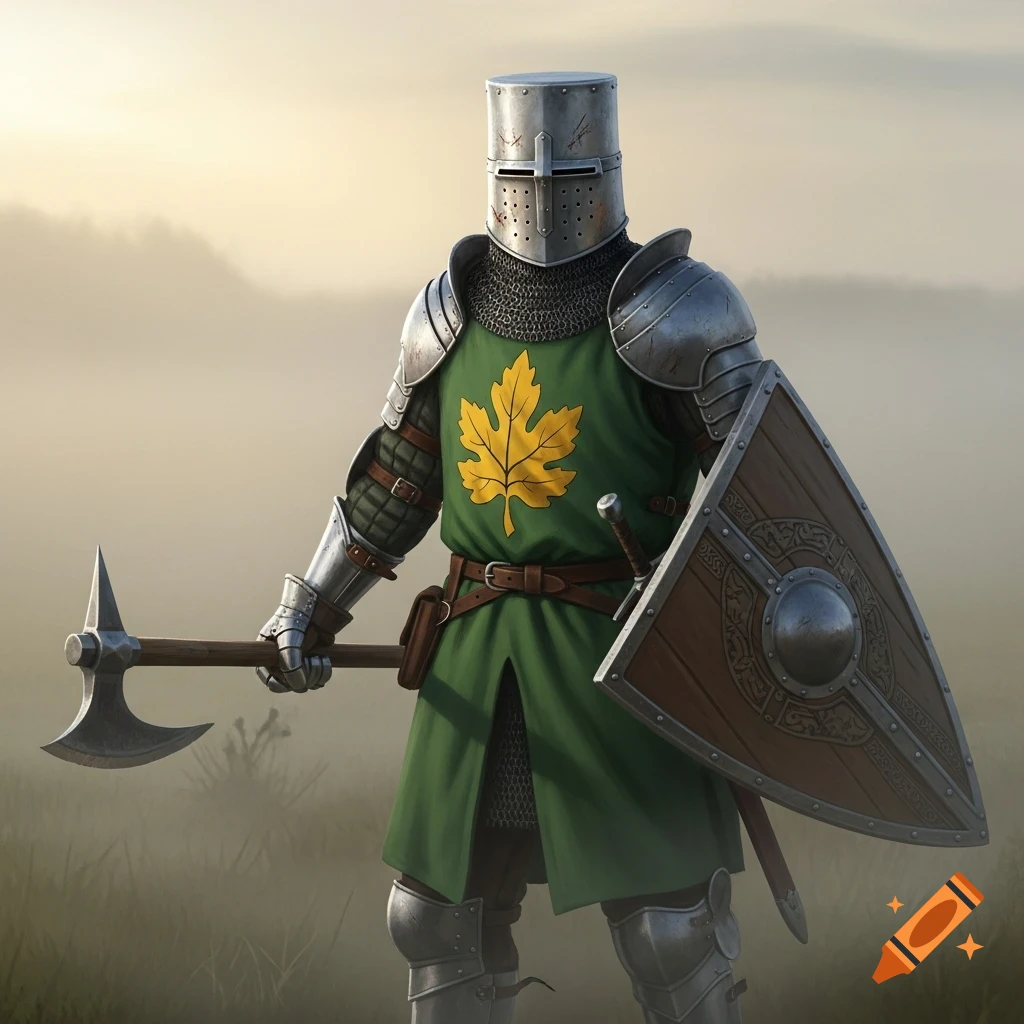 A medieval knight in full armor and a green tabard with a yellow leaf symbol holds a pole axe and a shield in a misty landscape.