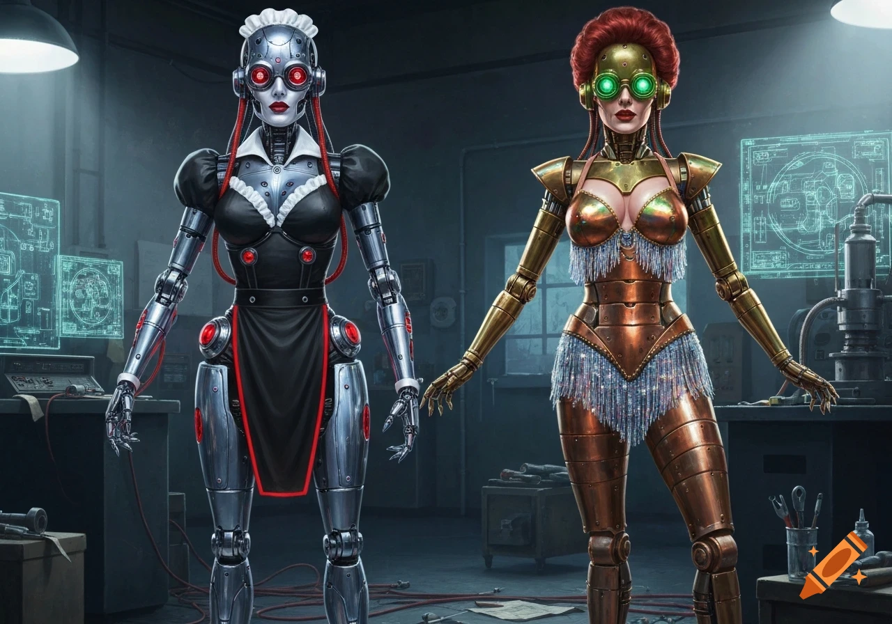 Two stylized female robots, one in a maid outfit and the other in a gold and glitter outfit, stand in a dimly lit laboratory.