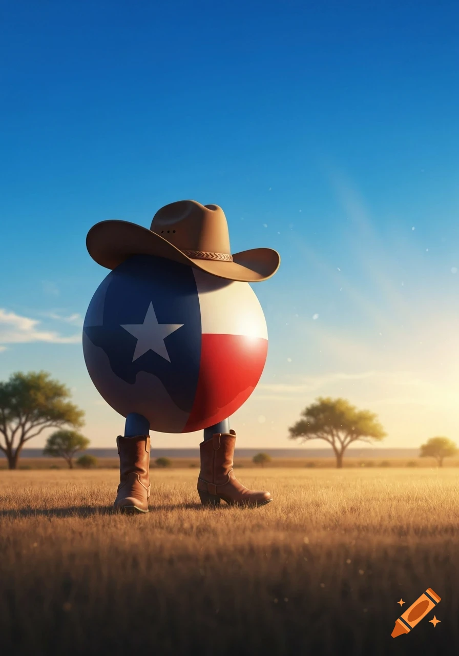 A Texas flag countryball character wearing a cowboy hat and boots stands in a sunlit grassy field with trees under a blue sky.