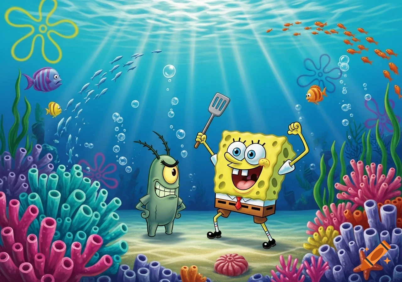Spongebob Squarepants, holding a spatula, stands triumphantly next to a scowling Plankton amidst vibrant coral and swimming fish in an underwater scene.