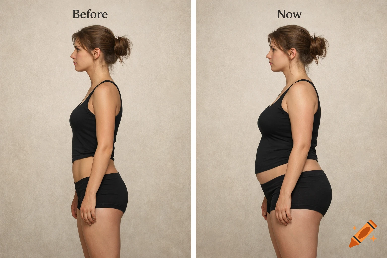 Photorealistic split image of a woman. On the left, 'Before' shows a slender figure. On the right, 'Now' shows a fuller figure with a rounder abdomen.