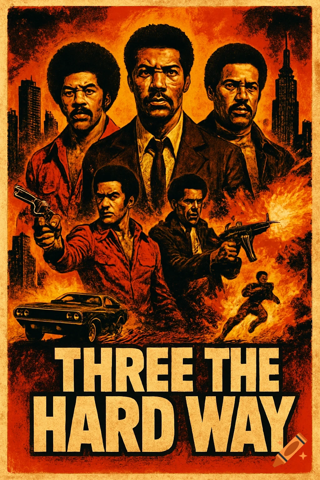 Retro blaxploitation movie poster with several Black men, guns, a car, and explosions against a city, in a gritty, orange-toned style, titled 'THREE THE HARD WAY'.