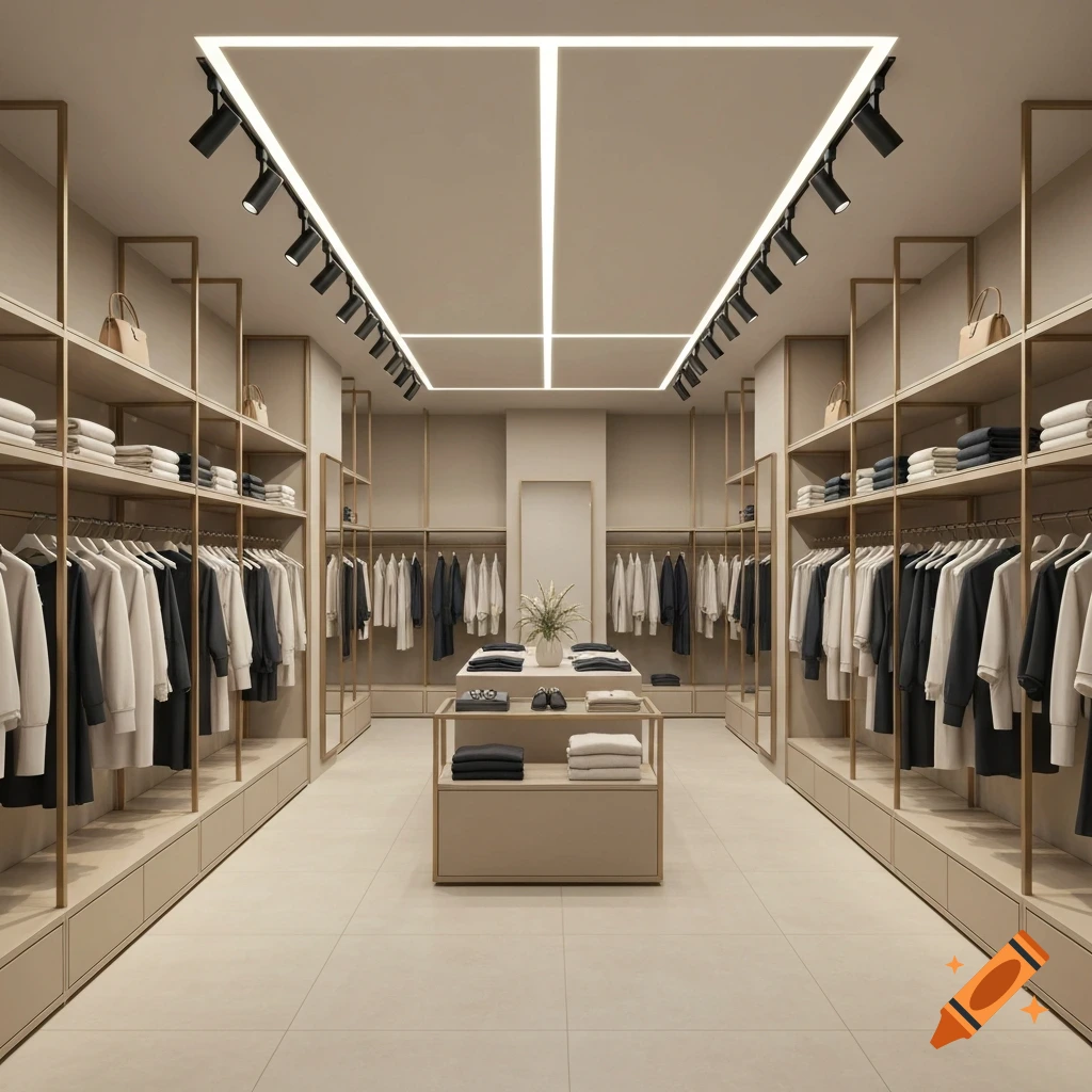 High-end women's clothing store interior with racks of garments, shelves with folded clothes and handbags, and modern track lighting.