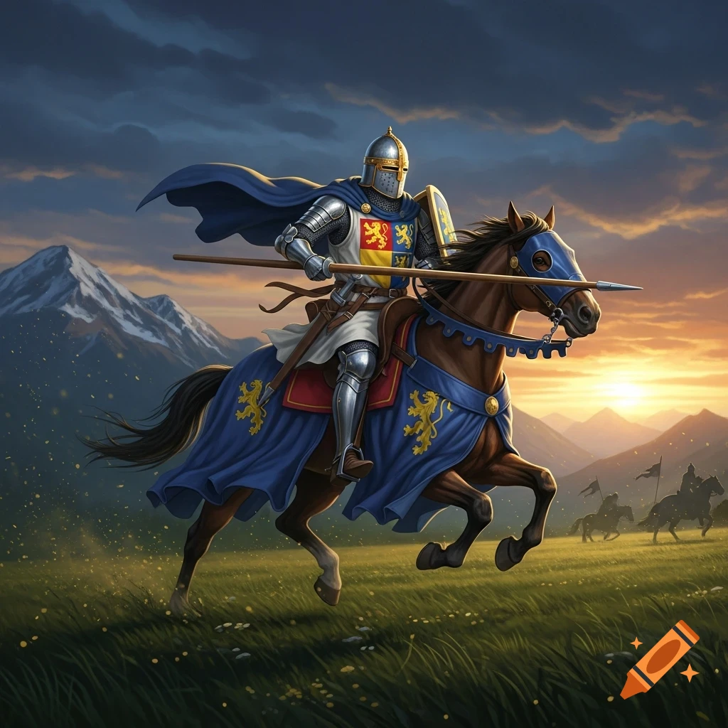 A medieval knight in full shining armor, with a blue cape and heraldic shield, rides a warhorse across a grassy field at sunset with mountains in the distance.