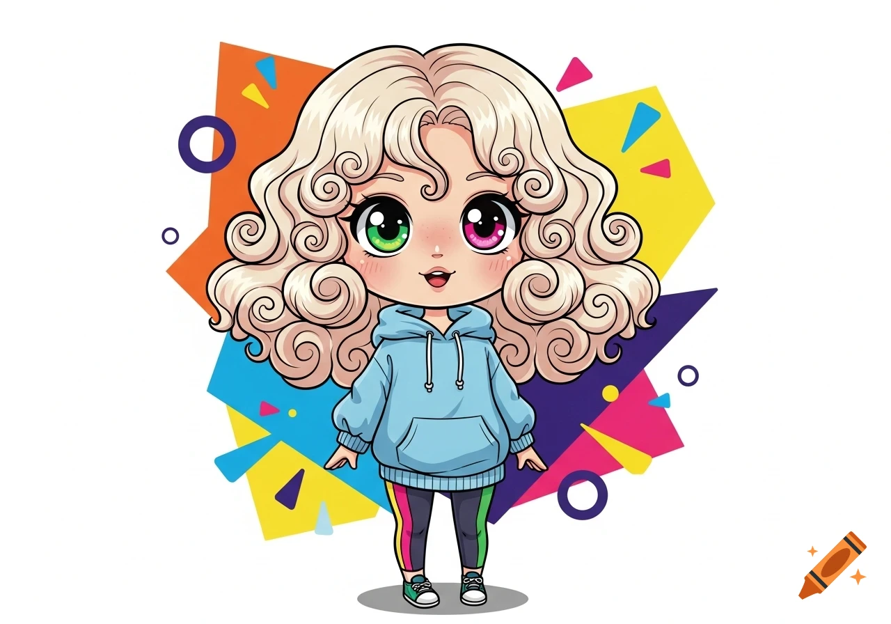 Chibi anime girl with blonde curly hair, one green and one pink eye, wearing a blue hoodie and rainbow-striped leggings, on a colorful geometric background.