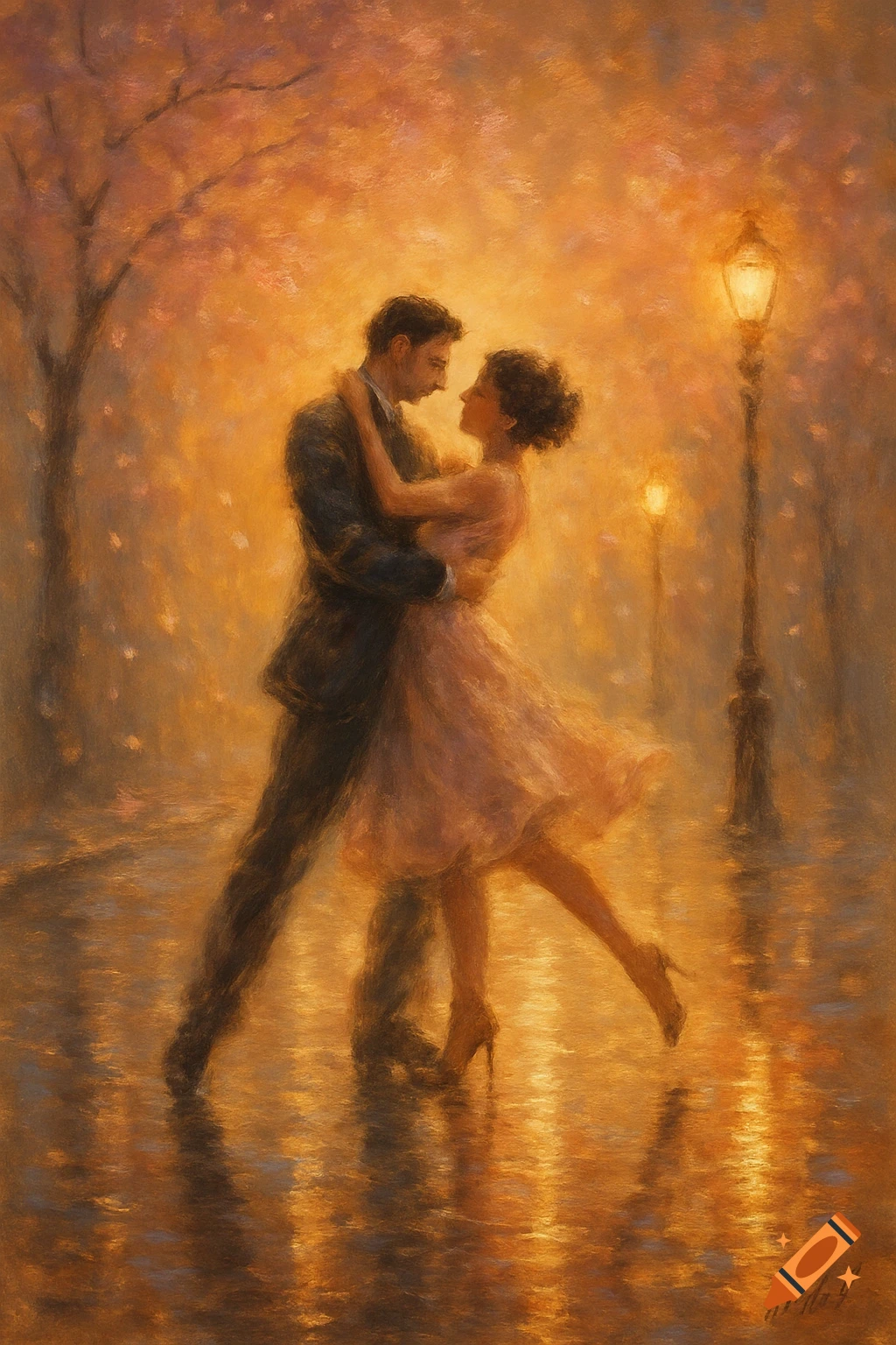 Impressionistic painting of a couple dancing romantically on a wet, glowing street under falling cherry blossoms.