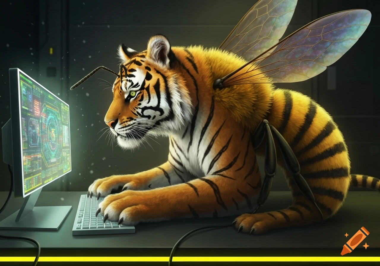 A photorealistic tiger-bee hybrid with antennae, translucent wings, and bee legs sits at a desk, typing on a keyboard and looking at a computer screen displaying complex data.