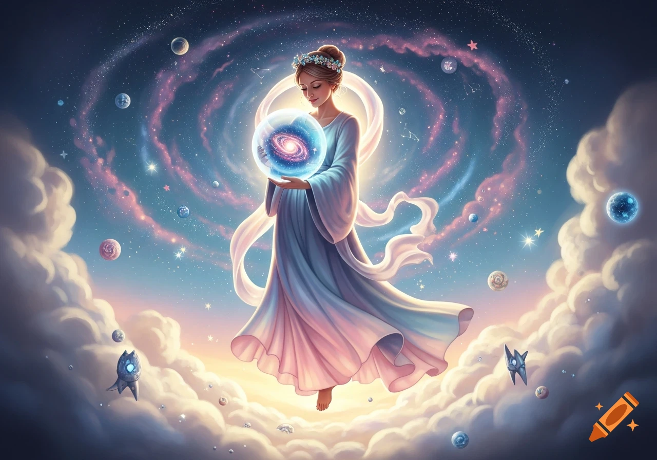 A celestial woman in flowing robes floats among clouds, stars, and planets, holding a glowing sphere with a galaxy inside.