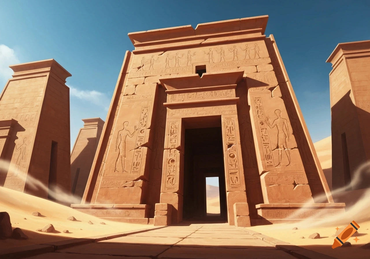 A grand ancient Egyptian desert temple complex with large structures, hieroglyphs, and an open door under a clear blue sky.