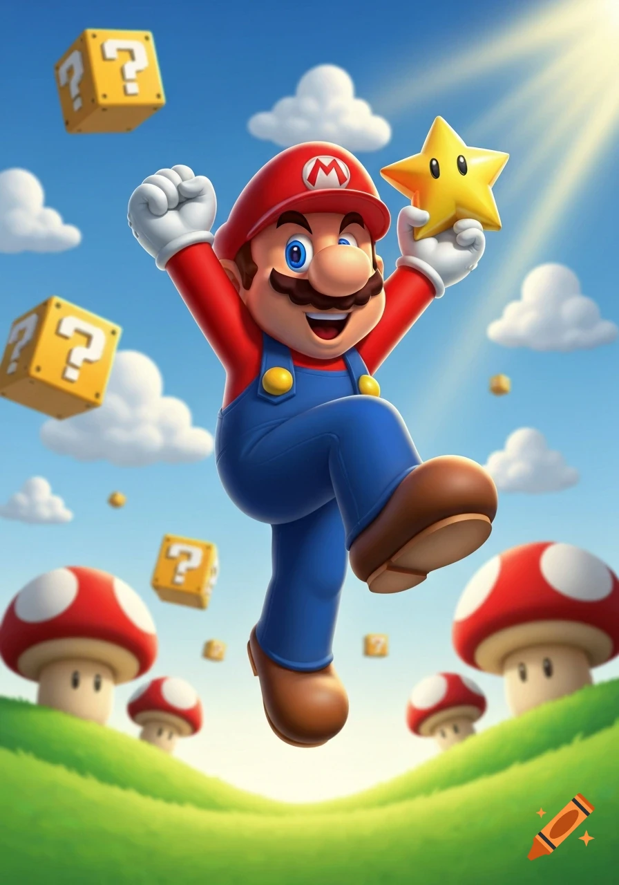 Mario jumps with a star, question mark blocks, and mushrooms in a bright cartoon landscape.