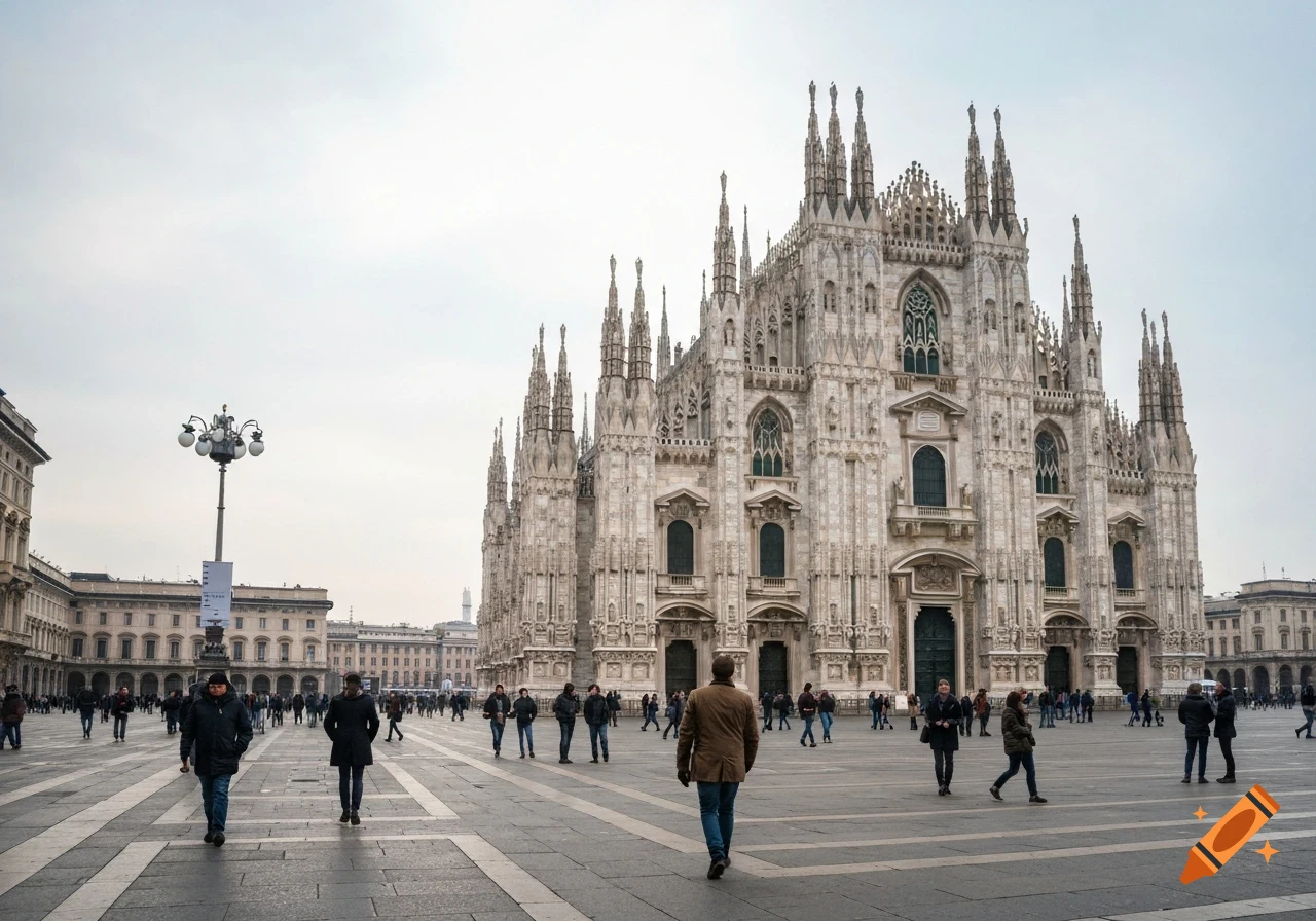 A wide, outdoor view of the ornate, Gothic Milan Cathedral and a busy Piazza del Duomo with people walking on a cloudy day.