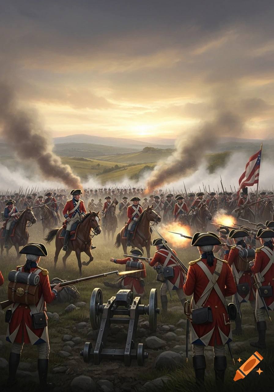 A large-scale painting of an 18th-century battle with soldiers in red coats, horses, cannons, and smoke filling a green landscape under a dramatic sky.