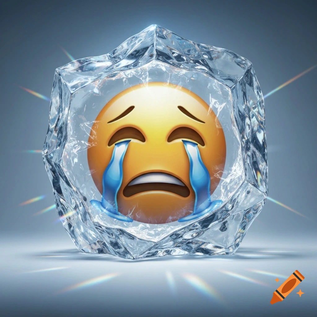 A crying emoji with large blue tears frozen inside a clear block of ice, with light refractions around it.