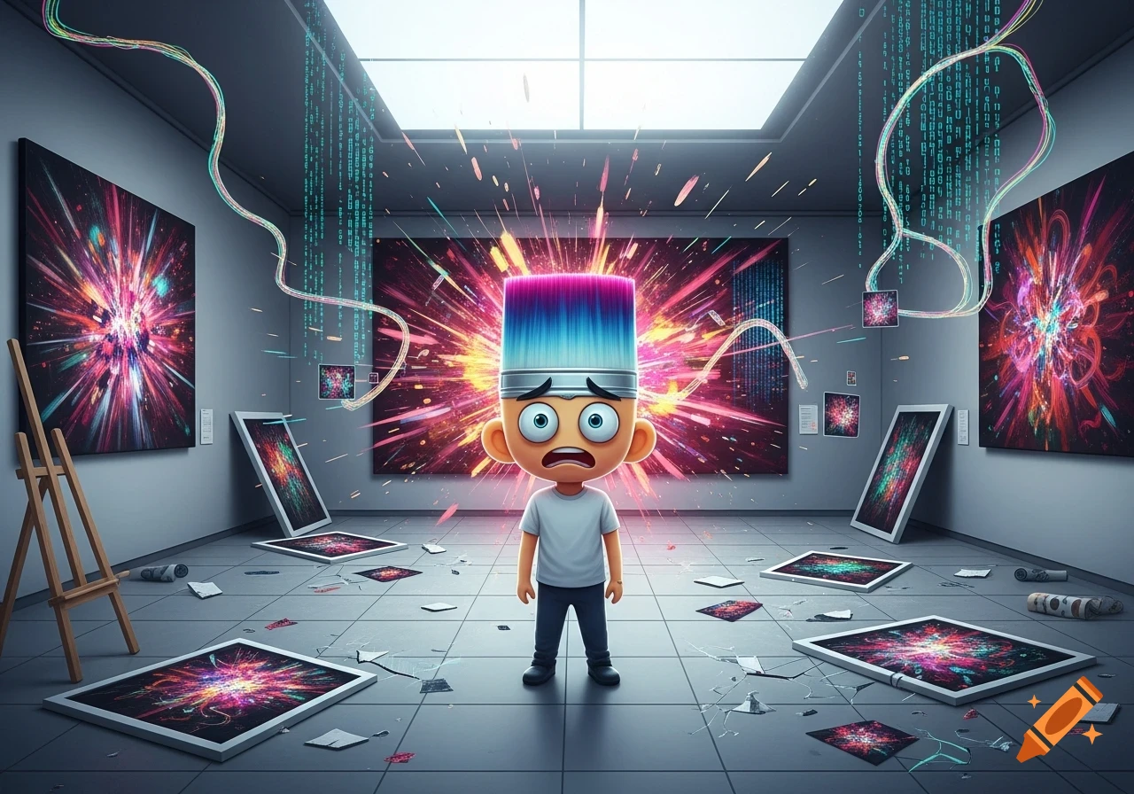A cartoon character with a paintbrush head looks shocked in an art gallery filled with exploding abstract art and digital data streams.