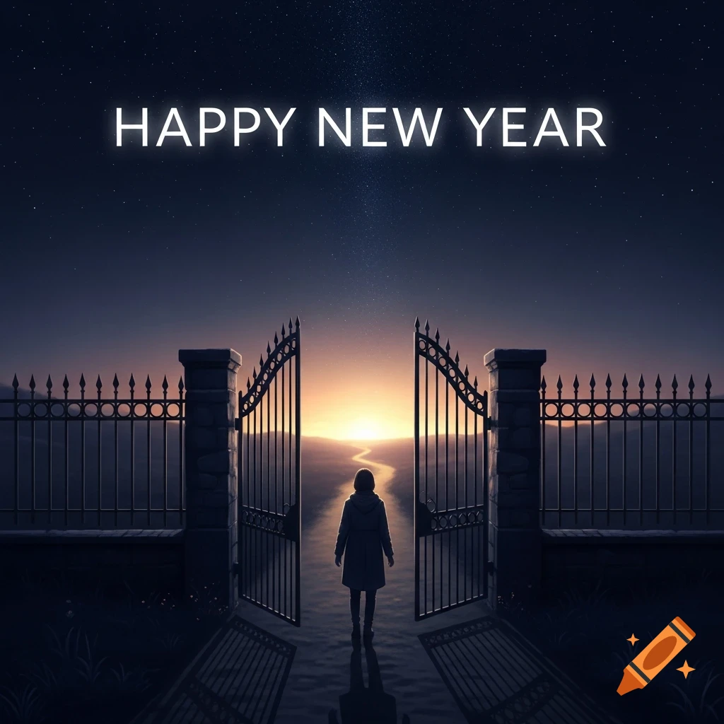 A person stands at an open gate facing a glowing path under a starry night, with 'HAPPY NEW YEAR' text above.