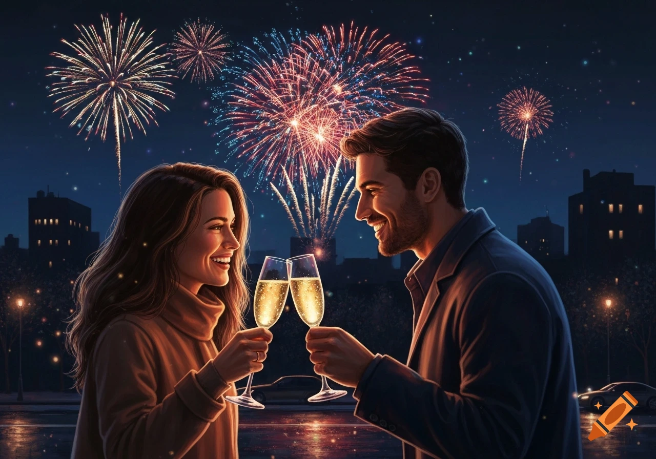 A smiling couple toasts with champagne flutes under a night sky lit by vibrant fireworks over a city skyline.