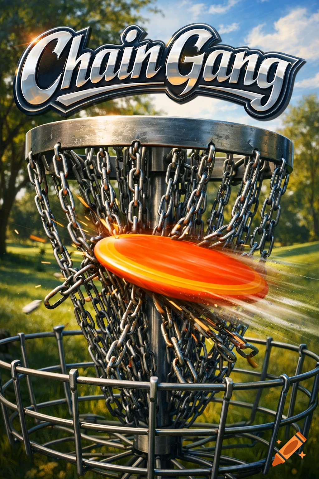 Photorealistic image of an orange disc hitting the chains of a disc golf basket in a park, with "Chain Gang" text above.