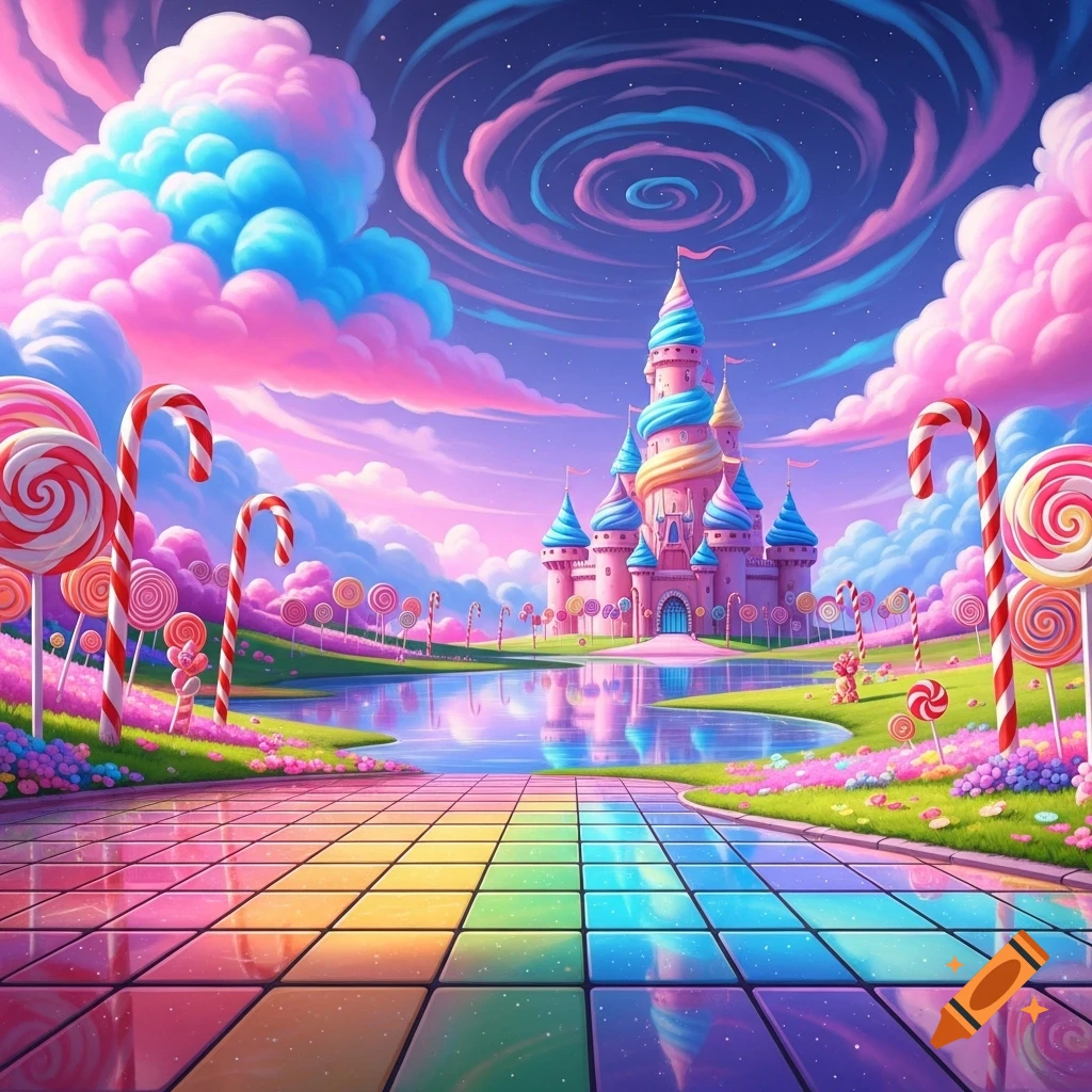 A vibrant fantasy landscape with a pink and blue candy castle, a reflective lake, giant lollipops, candy canes, and a rainbow tiled path.