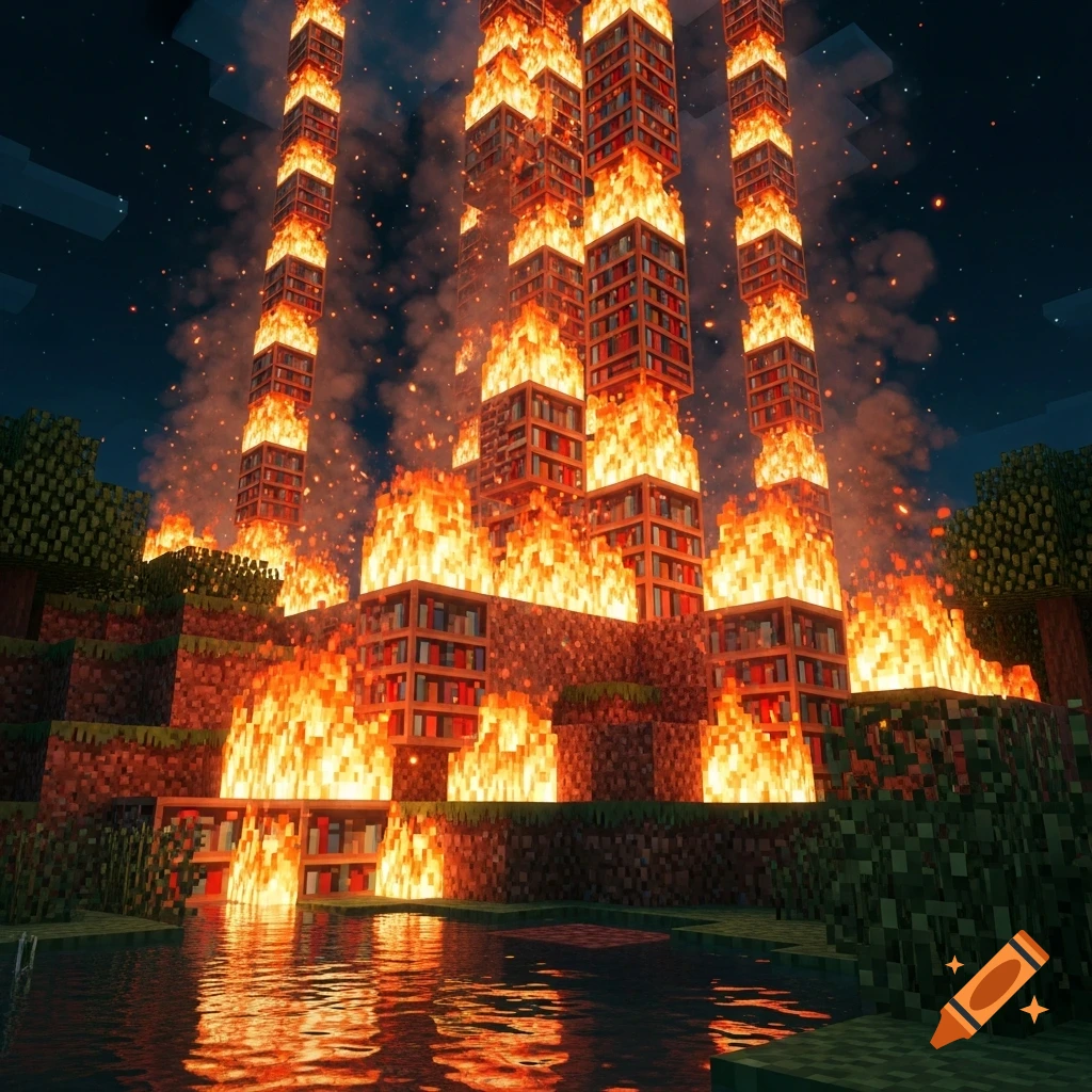 Burning Minecraft bookshelves towering over a blocky landscape with water reflections at night.