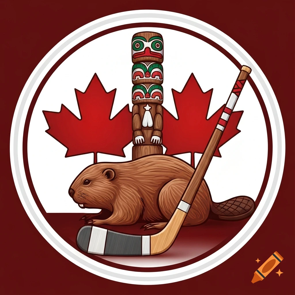 Illustration of Canadian symbols including a beaver, a totem pole, red maple leaves, and a hockey stick, all enclosed in a white circle.