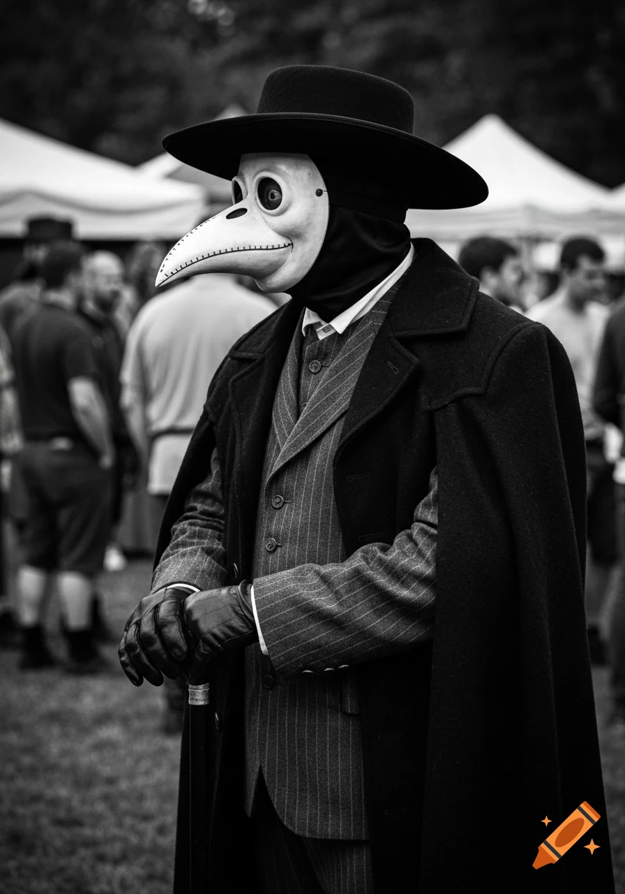 Photorealistic black and white image of a plague doctor in a beak mask, hat, suit, and coat, leaning on a cane at a festival.