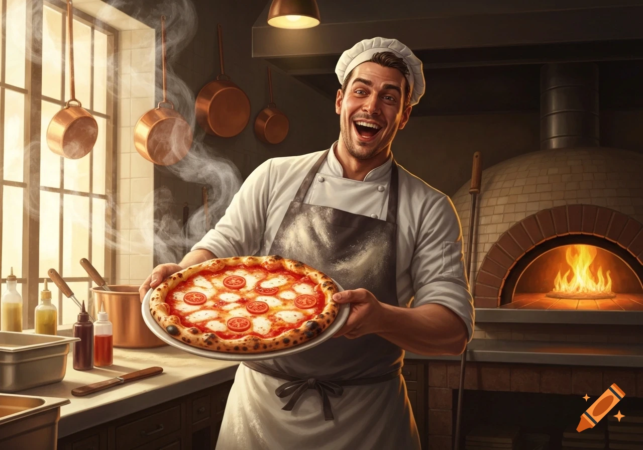 A smiling chef in a white uniform and apron holds a freshly baked pizza with tomatoes and mozzarella in a rustic kitchen with a brick oven.