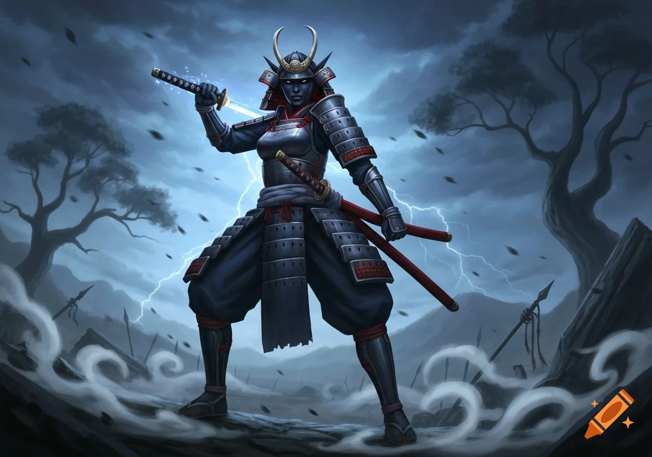 A dark elf female samurai in armor holds a glowing katana on a stormy, lightning-filled battlefield.