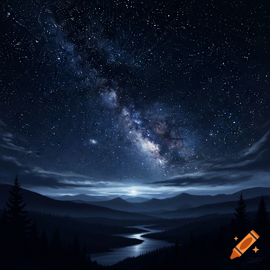 Vast night sky with the Milky Way above dark mountains and a winding river reflecting moonlight.