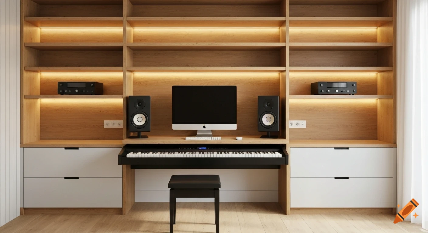 Photorealistic modern home office music studio with a light oak built-in shelving system, electronic piano, computer, and speakers.