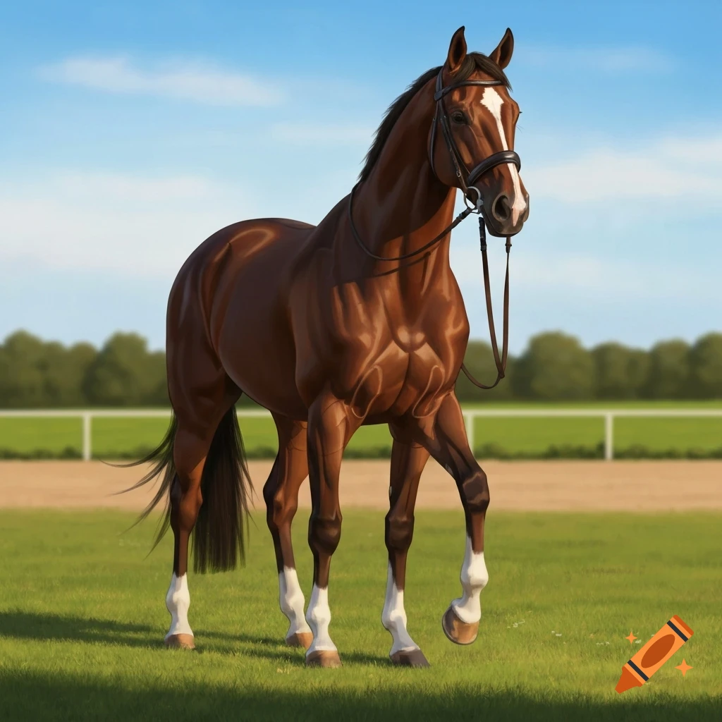 A brown horse with white markings and a bridle stands in a grassy field with a dirt track and white fence under a blue sky.
