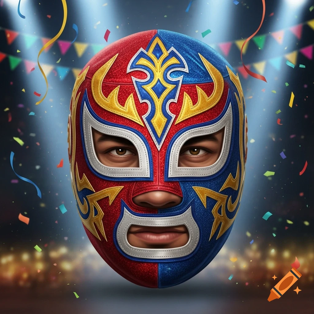 A vibrant red and blue lucha libre mask with gold and white accents, revealing a person's eyes and mouth. Confetti and blurred lights are in the background.
