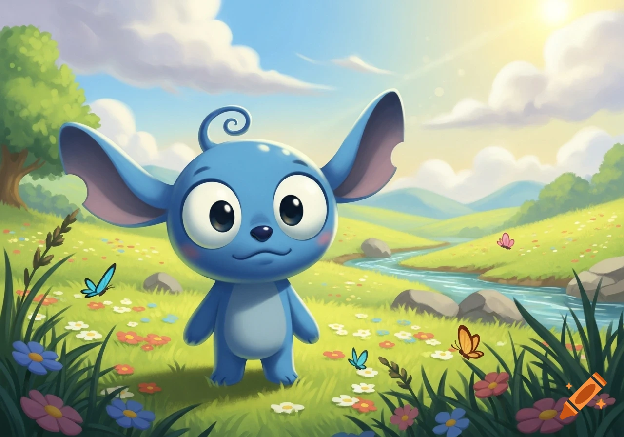 A cute blue cartoon creature with large ears and eyes stands in a sunny, vibrant green meadow with colorful flowers, butterflies, and a river, in a Disney-style illustration.