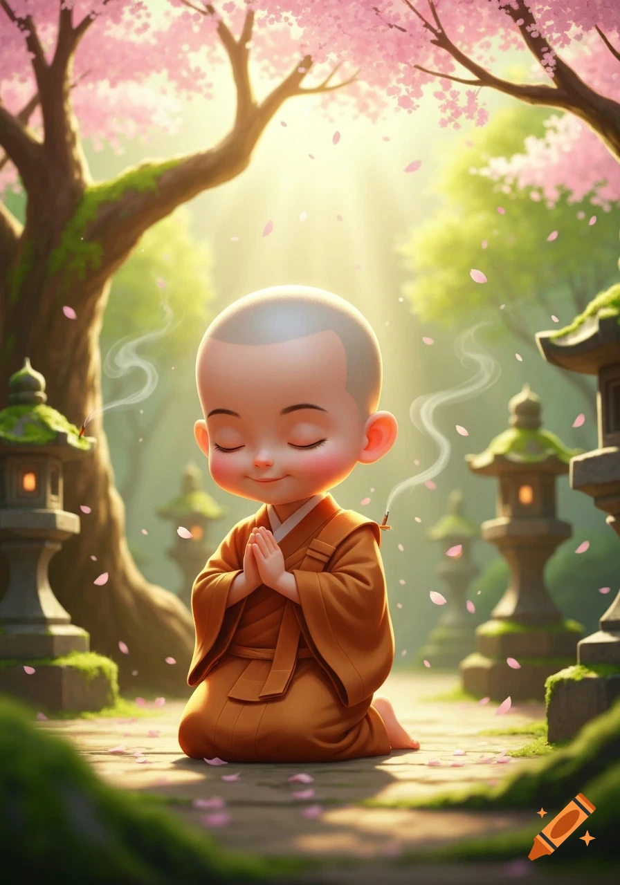 A cute, stylized monk with closed eyes kneels praying amidst pink cherry blossom petals in a sunlit, serene garden with incense smoke.