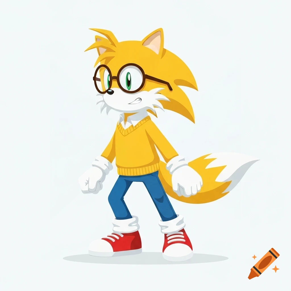 Cartoon character Tails from Sonic the Hedgehog, wearing glasses, a yellow sweater, blue jeans, and red and white sneakers, standing on a white background.