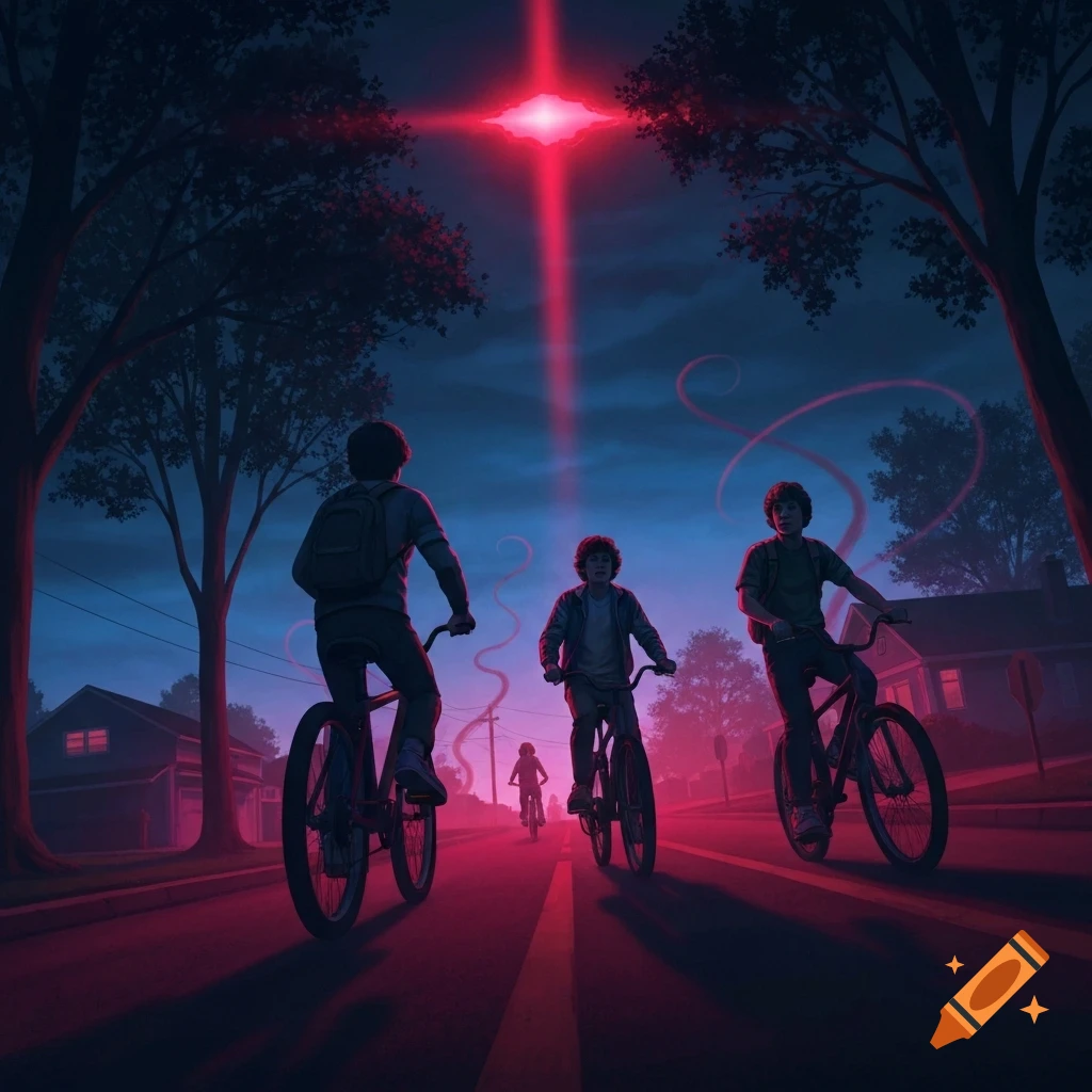 Three kids on bikes ride at night in a suburban street, looking up at a mysterious red light and tendrils in the sky, in a 'Stranger Things' style.