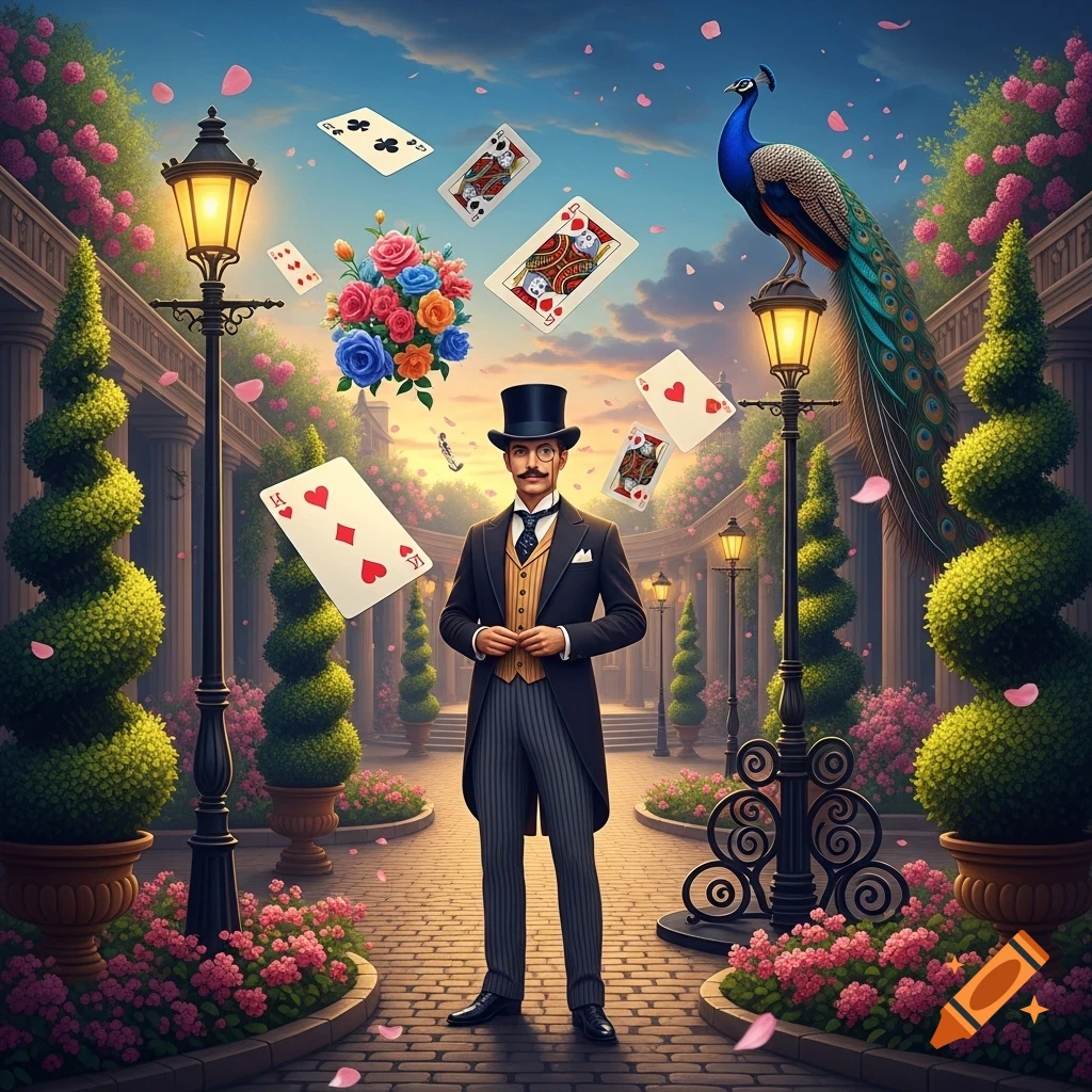 A dandy man in a top hat stands in a whimsical garden with floating playing cards, a peacock, and pink rose petals.
