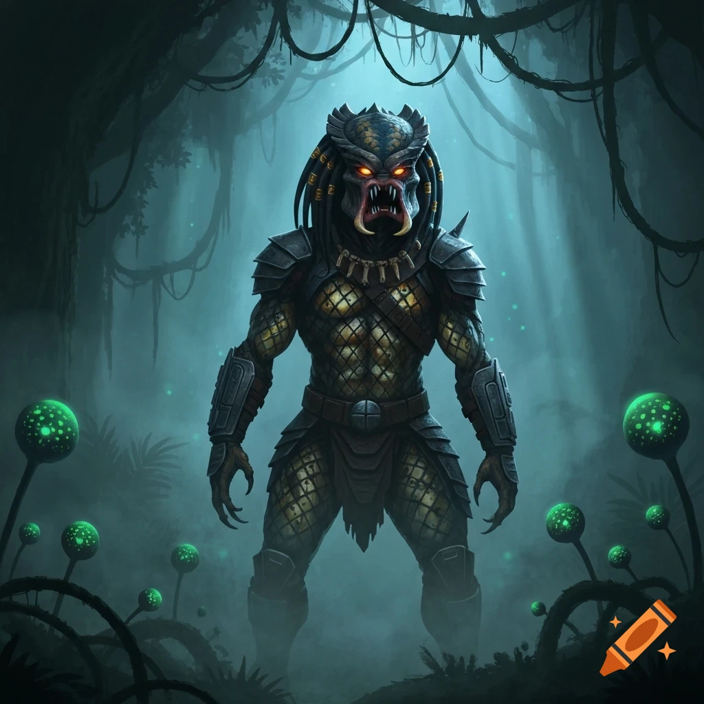 A detailed illustration of a Predator (Yautja) with glowing red eyes, standing in a misty, dark jungle with luminous green plants.