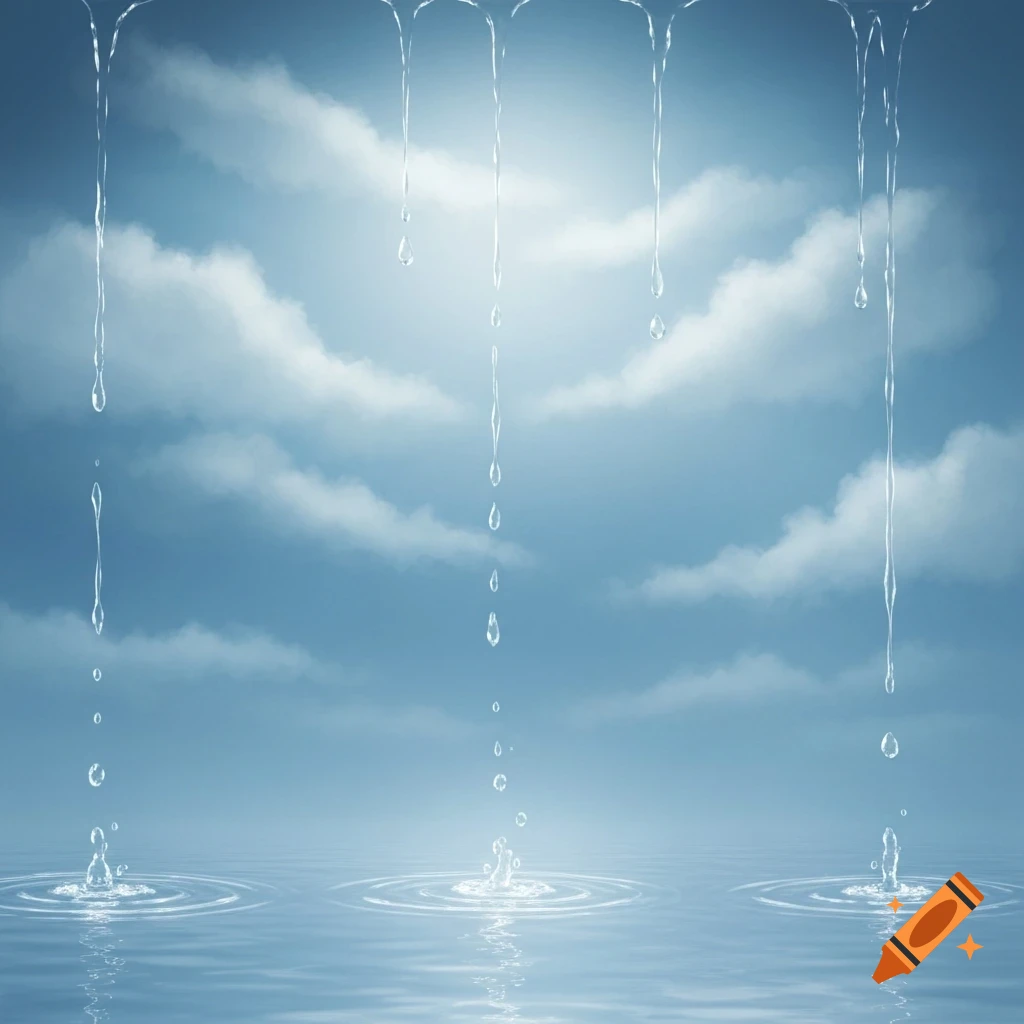 Streams of water drip from a cloudy blue sky into calm water below, creating ripples and splashes in a serene scene.