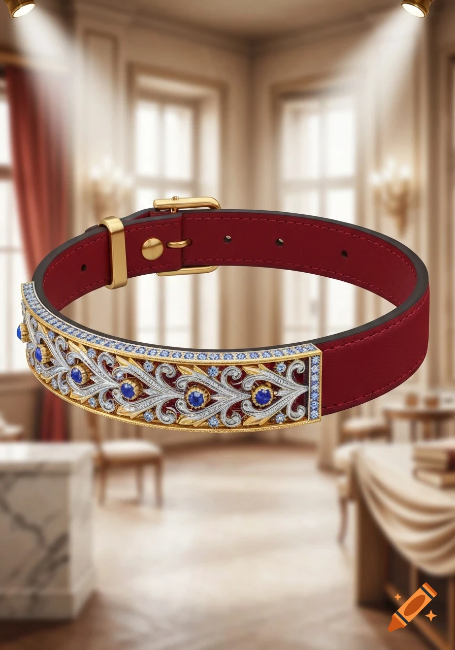 A luxurious red leather dog collar with an ornate gold and silver gem-encrusted design and a gold buckle, in an elegant room.