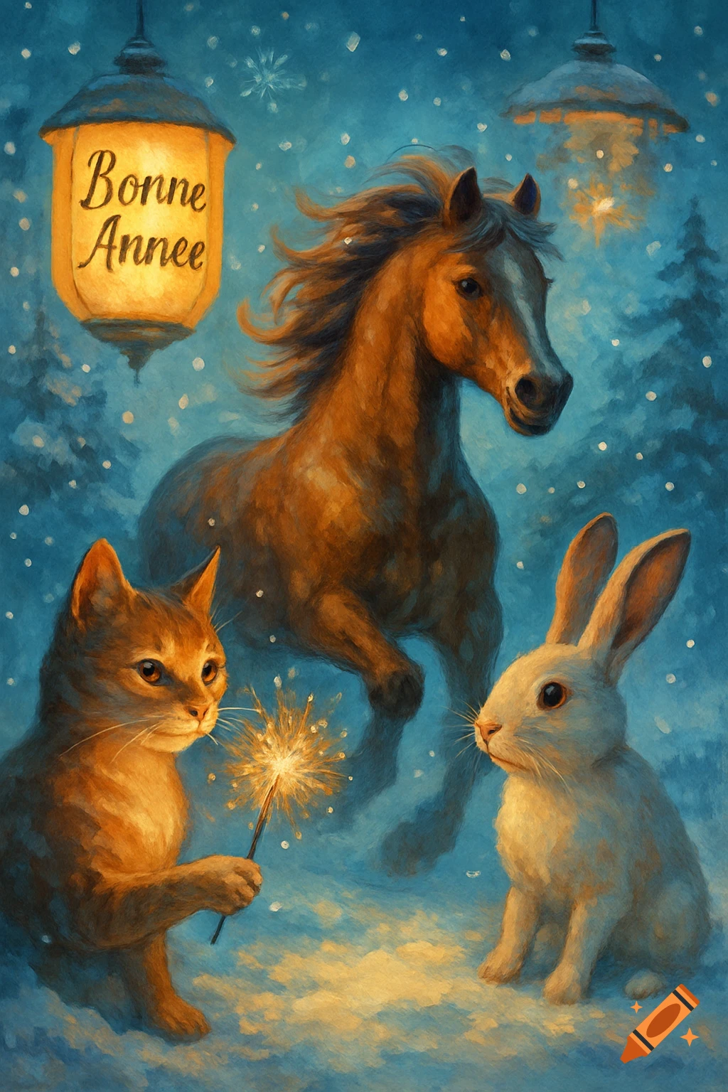 A painterly scene of a cat holding a sparkler, a horse, and a rabbit in a snowy blue night, with lanterns displaying "Bonne Annee".