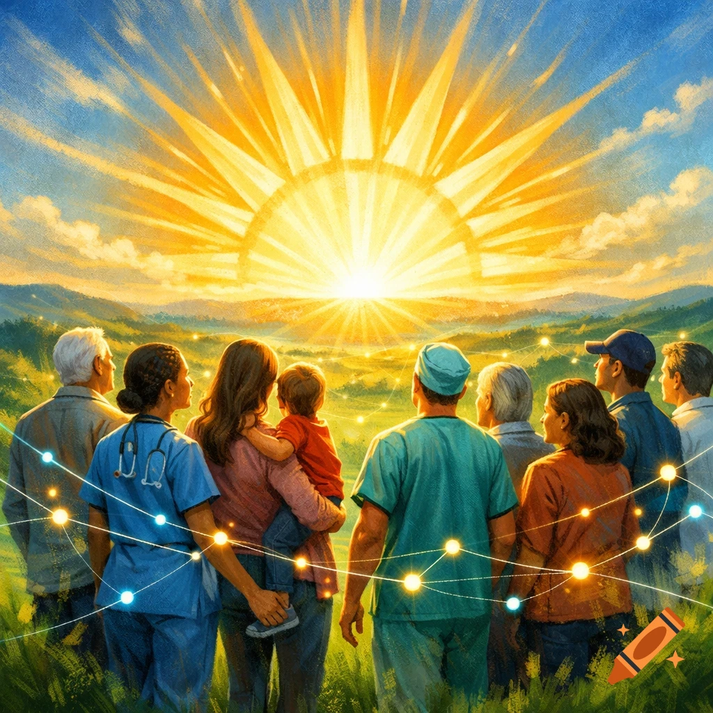 A diverse group, including healthcare workers and a family, stand in a green landscape looking at a bright rising sun with glowing lines.