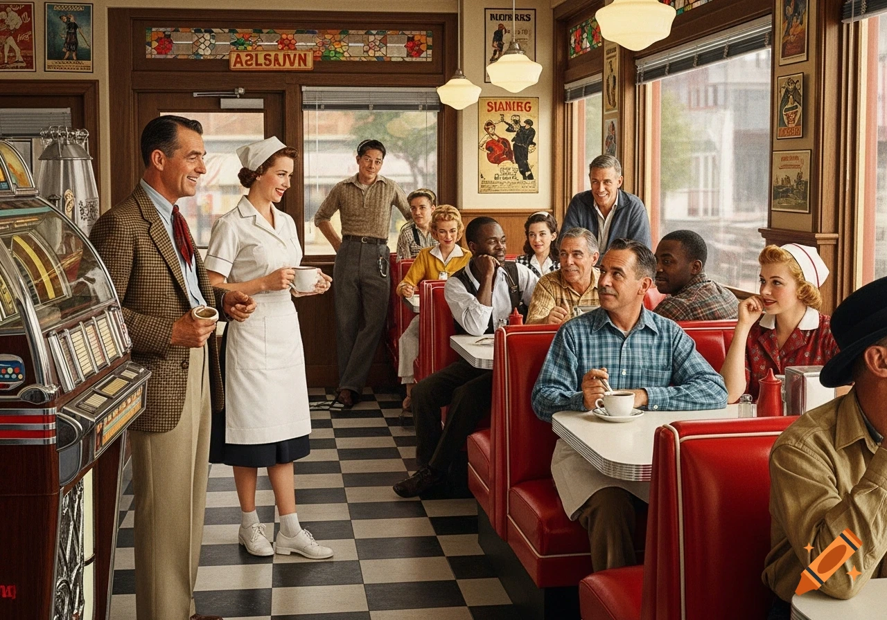 A vibrant Norman Rockwell-style illustration of diverse patrons and staff in a busy, retro diner with a jukebox.