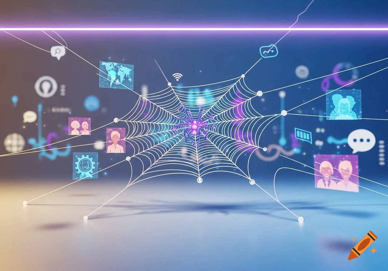 A glowing digital spiderweb connects various social media icons and user profile pictures on a blue and purple gradient background, symbolizing interconnectedness.