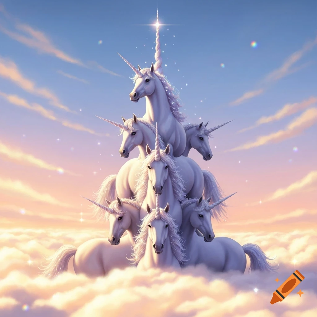 Multiple white unicorns with sparkling manes stacked pyramid-style on fluffy clouds under a pastel sky, creating a magical scene.