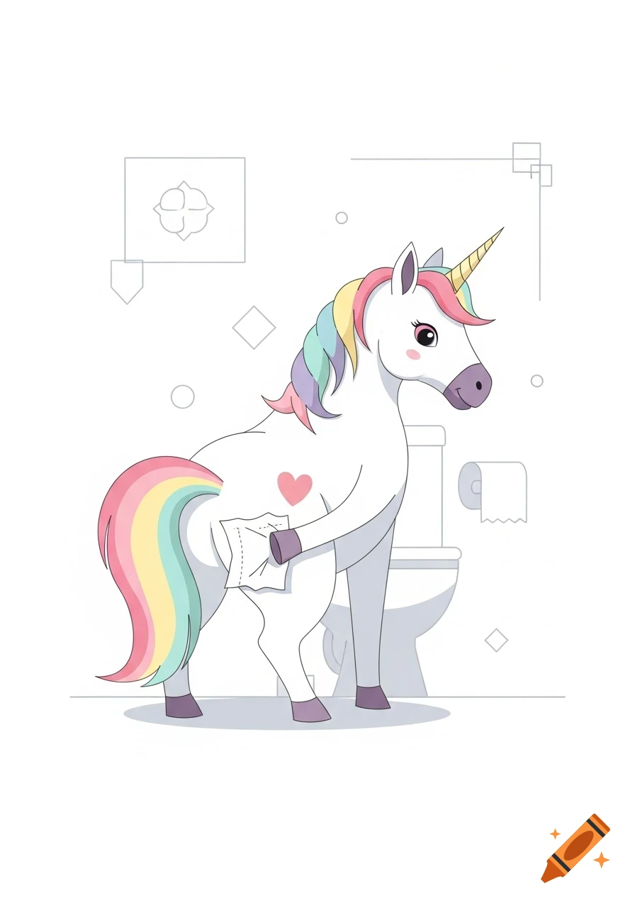 A cartoon unicorn with a rainbow mane and tail wipes its bottom with toilet paper next to a toilet.