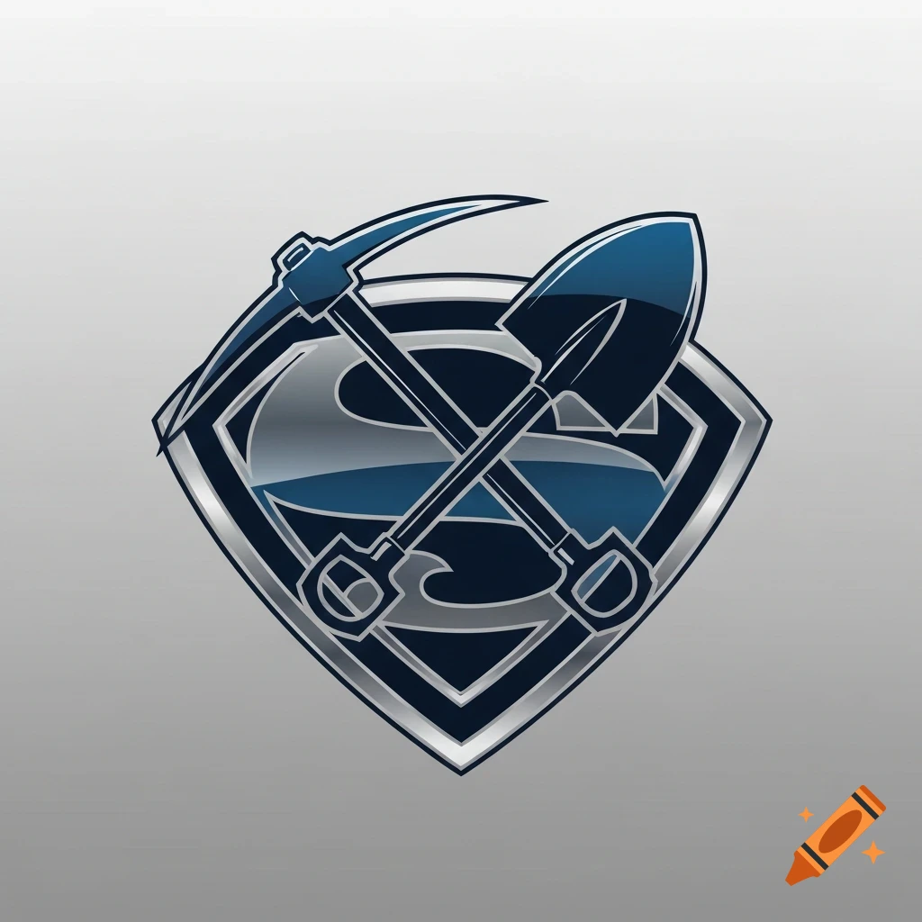 A blue and silver logo featuring a Superman-like shield with a crossed pickaxe and shovel.