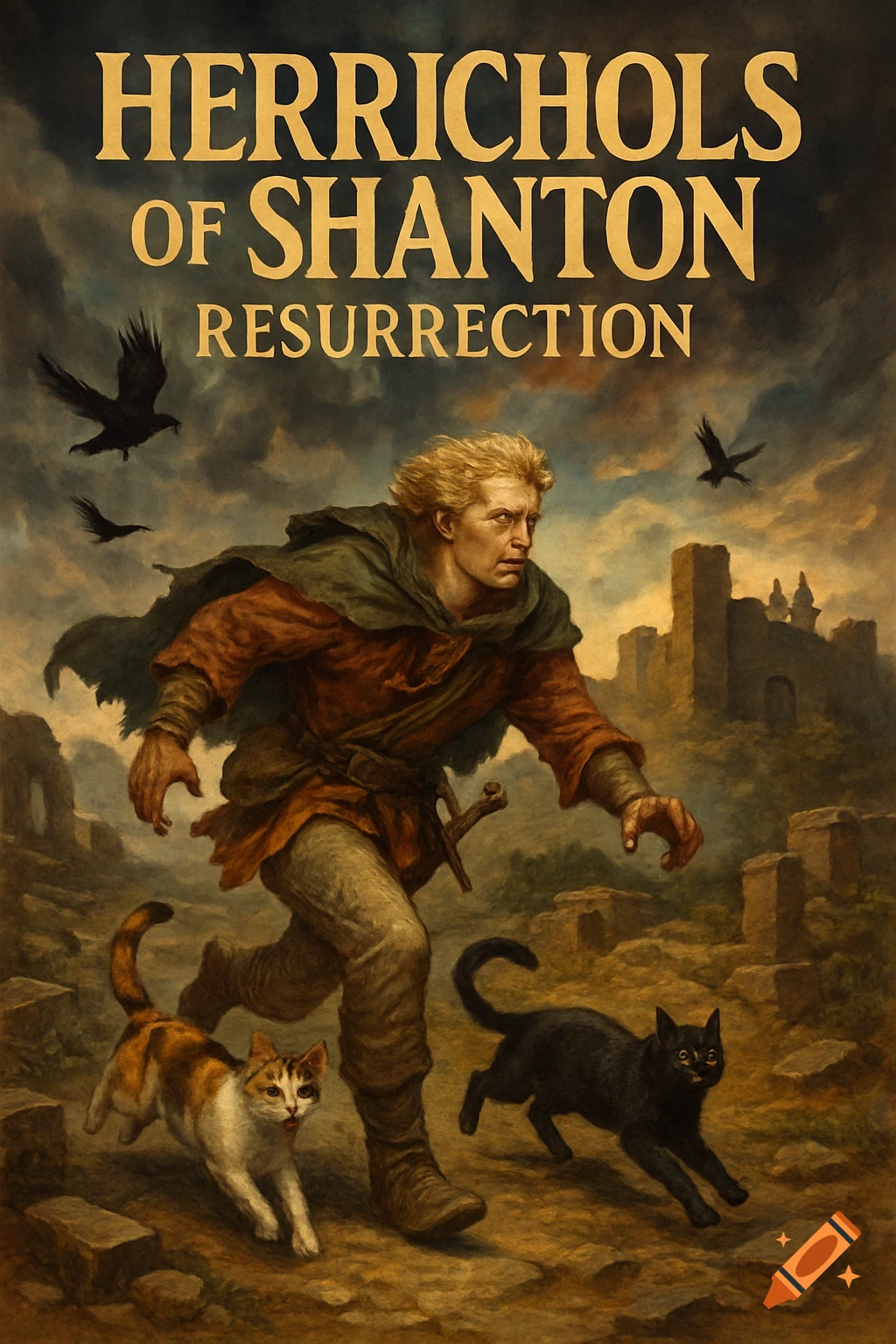 Fantasy book cover of a fair-haired warrior running from ruins with two cats, under a stormy sky with circling crows.