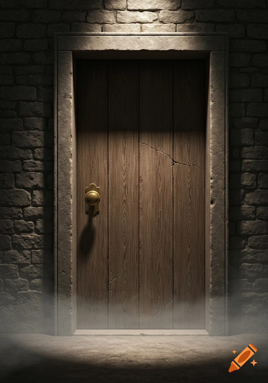 A mysterious wooden door with a gold doorknob, set in an old stone wall, dimly lit with mist at the bottom.